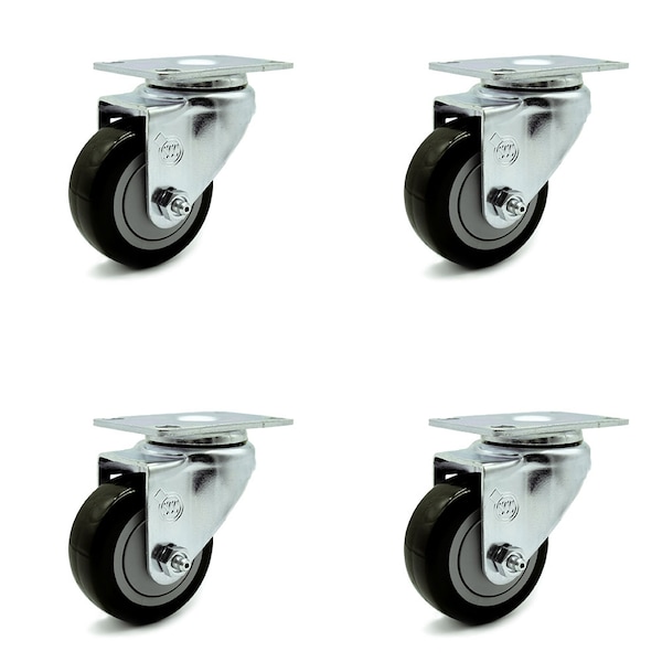 3.5 Inch Black Polyurethane Wheel Swivel Top Plate Caster Set